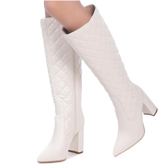 London Rag Womens Quilt Knee High Boots US Size 6 37 White Block Heel Boots New - Picture 8 of 12